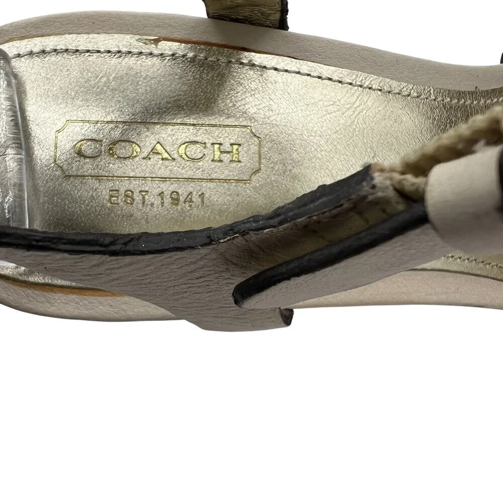 Coach Justeen 9.5 Butterfly Floral Design Woven Espadrille Wedge Leather Sandals